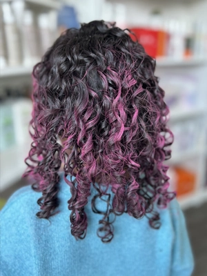 Dark curls with magenta and purple through the ends by Alexis