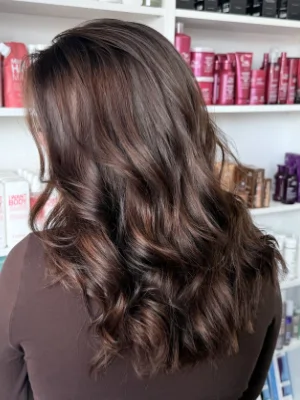 Warm brunette with caramel balayage by Alysha