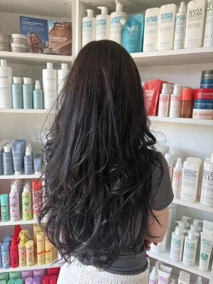 Long black hair with soft waves by Breanna