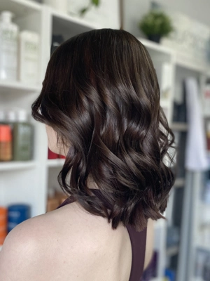 Dark chocolate bob with soft waves by Chloe