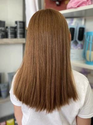 Long golden brown with sleek straight finish by Chloe
