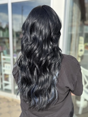 Long black hair with soft waves and layers by Jenn