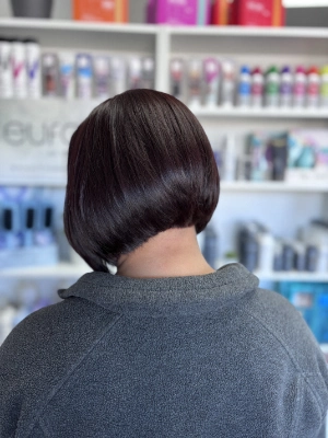 Short stacked bob in deep espresso brown by Jenn