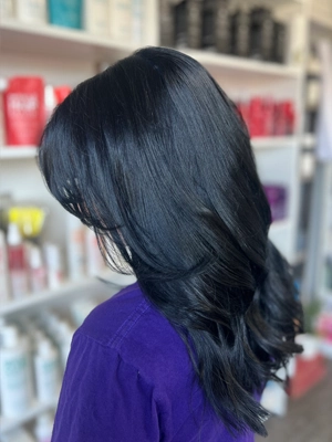 Long jet black hair with soft waves by Katelyn